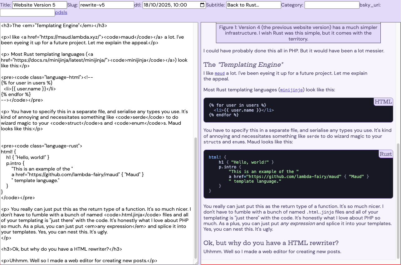 a screenshot of the post creator of my website. there are two panels, with an editor and a preview.